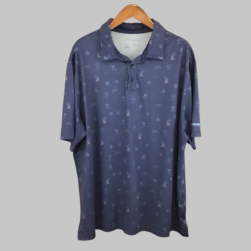 Reebok Golf Mens 2XL Navy Blue Tropical Pineapple‎ Palm Tree Polo Shirt